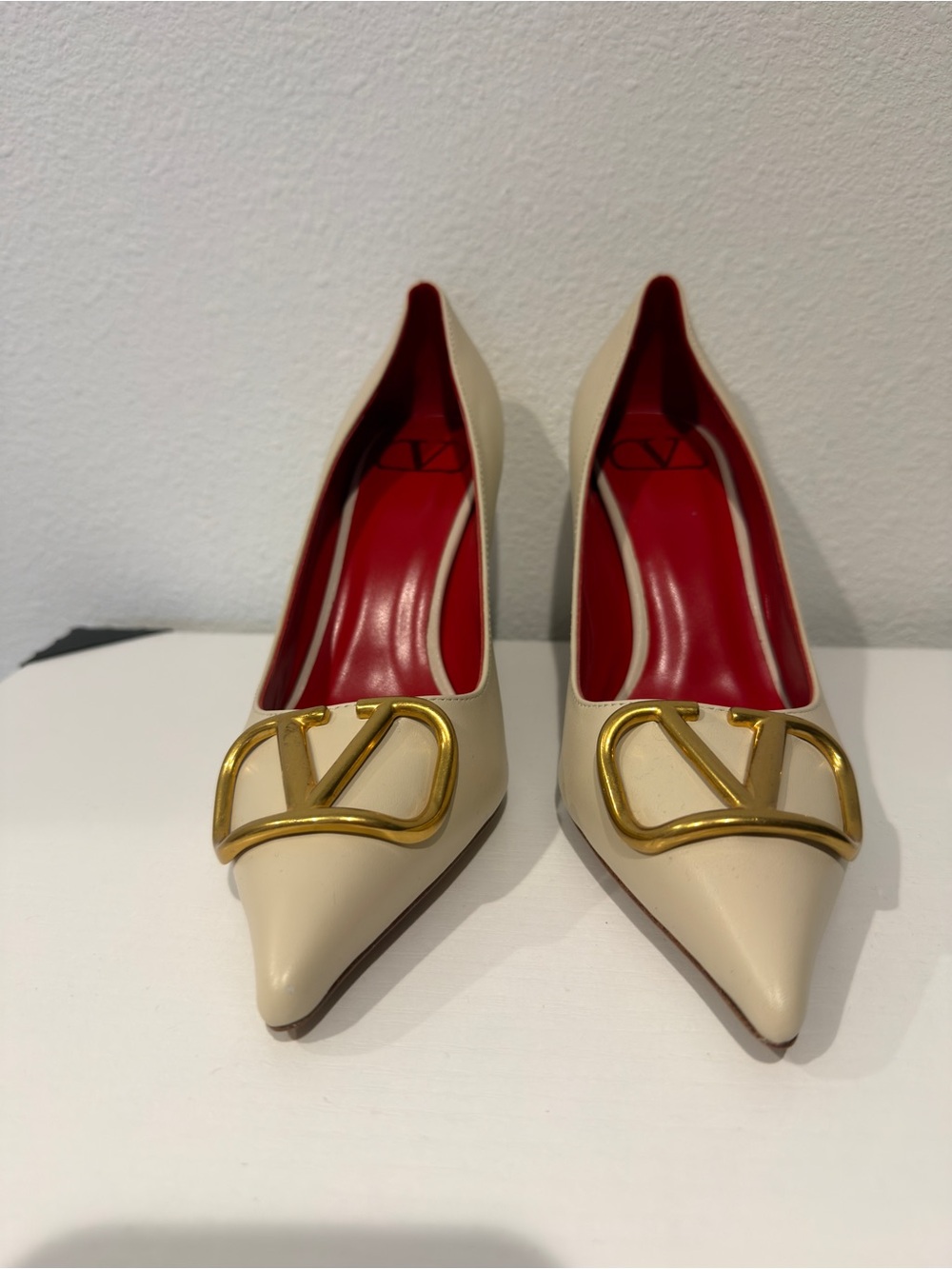 Cream Pointed Toe Pumps with Gold Accent